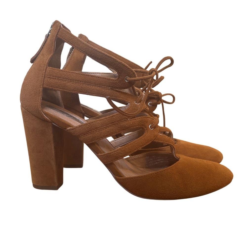 Halogen Caged Lace Up Heels Women Tan Suede‎ Block Heel Sandal SIZE 7M